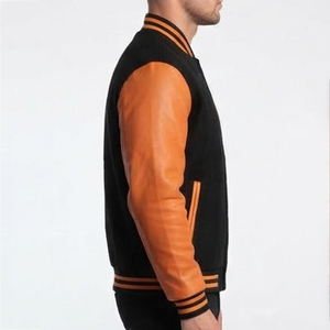 Blouson universitaire personnalisé pour homme, noir et orange, avec manches en cuir, poignets côtelés, fermeture boutonnée, style sportif automne - Product Image 3