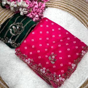Sari en satin Bollywood haut de gamme et tendance avec imprimé numérique et pallu à sequins, et blouse non cousue par Royal Export - Product Image 3
