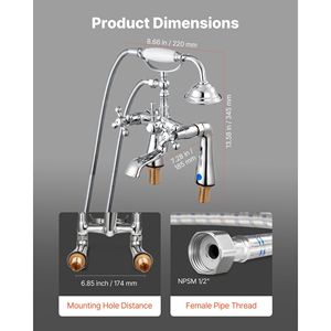 Rubinetto Vintage Cromato Lucido per Vasca con Piedini a Artiglio, Miscelatore Doccia da Pavimento, Rubinetti per Vasca con Doccetta, Rubinetti Doccia per Bagno - Product Image 3