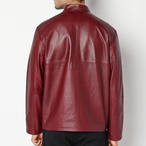 <b>Men's</b> Red Cow <b>Leather</b> Moto <b>Jacket</b> Stand Collar Zipper Closure Regular Sleeve Autumn Biker Style Solid Color <b>leather</b> moto <b>jacket</b> - Product Image 2