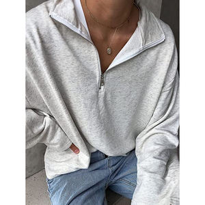 Best Long Sleeve Woman Blank Sweater Half <b>Zip</b> Cotton Street Pullover Girls Grey Autumn Stand Collar Comfy Polo Sweatshirt - Product Image 3