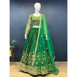 DISEÑADOR HEAVY GEORGETTE SECUENCIA TRABAJO LEHENGA CHOLI CON DUPATTA VERDE - Product Image 1