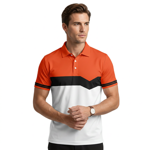 Polo pour homme à manches courtes en tissu tissé, décontracté, blanc, orange, noir, avec boutons sur le devant - Product Image 2