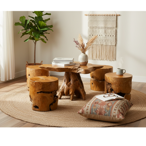 Ensemble de table en racine de teck rustique de luxe pour hôtels, villas, cafés, avec tabourets en bois naturel, meubles artisanaux ARTERRA - Product Image 4
