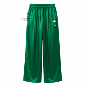 Iota Phi Lambda Women's Satin Pajama <b>Set</b> Long Sleeve Button-Up Embroidered Two <b>Piece</b> Sleepwear Green With <b>White</b> Trim Lounge <b>Set</b> - Product Image 4