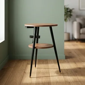 Modern Round Wood <b>Side</b> <b>Table</b> with Metal Legs and <b>Storage</b> Midcentury Design Living Room Furniture with charging socket - Product Image 2