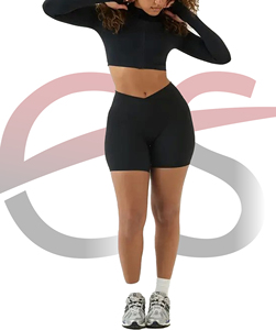 Women's Black Full <b>Sleeve</b> Mock Neck Crop <b>Top</b> With Zipper Seamless Yoga Activewear <b>Top</b> - Product Image 3