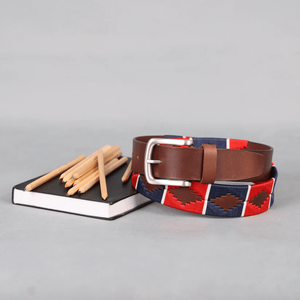Luxury Handmade Brown Leather Argentine Polo <b>Belt</b> With Forest Green Navy White And <b>Red</b> Pampa Diamonds OEM Service Welcome - Product Image 1
