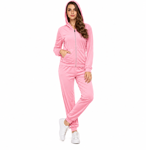 Women <b>Velour</b> <b>Tracksuit</b> 2 Piece Hooded Jogger Set Full Sleeve Solid Color Zipper Closure Casual Sportswear - Product Image 4