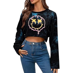 Women's Tie Dye Crop <b>Top</b> Long Sleeve O-Neck Knitted Sweatshirt Cartoon Smiley Print Y2K Style Autumn Wear - Product Image 1