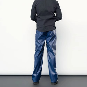 MORTAL SAGA Men's Blue Wide Leg Leather Canvas <b>Trousers</b> <b>Elastic</b> <b>Waist</b> Side Stripe Formal Anti-Wrinkle Midweight Winter Wear - Product Image 4