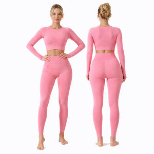 Conjunto Deportivo de 2 Piezas para Mujer, Top Corto sin Costuras de Manga Larga y Leggings de Cintura Alta, Color Sólido, para Yoga, Gimnasio y Entrenamiento, Personalizado 2026 - Product Image 2