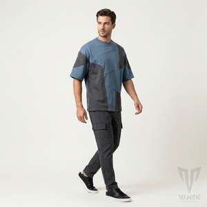 Men's Color Blocked Oversized T-<b>Shirt</b> Short Sleeve O-Neck Casual Knitted <b>Patchwork</b> Design Regular Fit Style - Product Image 2