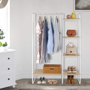 Free Standing Sturdy Metal <b>Clothing</b> Rack with 5 White Wood <b>Shelves</b> Freestanding Garment Rack - Product Image 1