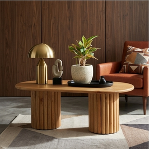 Table basse ovale en teck massif artisanal moderne avec base cannelée, écologique, pour salon - Product Image 6