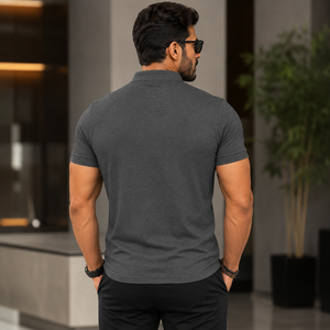 Chemise pour homme à manches courtes en polyester/coton gris, boutonnée, respirante, avec logo brodé, style décontracté chic - Product Image 3