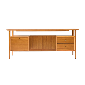 Solid Teak <b>Wood</b> Executive <b>Desk</b> with <b>Drawers</b> and Cabinet Storage, Mid Century Modern Office Table for Home and Workspace - Product Image 1