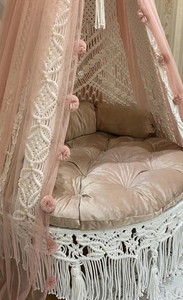 Boho Princess Macrame Swing <b>Chair</b> with Canopy | Handmade White Rope <b>Hanging</b> <b>Chair</b> | Teen Girl Room Decor | Pearl Beaded Custom - Product Image 2