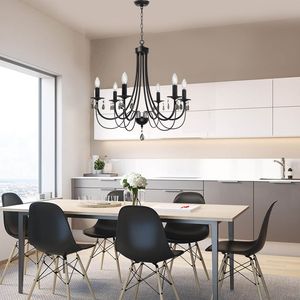 Lampadario a 6 Luci Stile Fattoria per Sala da Pranzo, Nero/Nichel Spazzolato, Lampada a Sospensione Francese Stile Secolare - Product Image 2