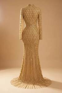 Vestido de Noche de Lujo Estilo Dubái con Lentejuelas Bronceadas, Cuello Alto, Manga Larga, Diseño de Rejilla de Diamantes, Vestido Formal Elegante de Sirena para Gala - Product Image 3