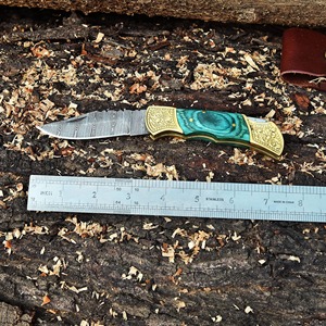 Handmade DIY Industrial Utility Folding Knife Damascus Steel Blade (Straight Edge) 3mm Brass+Wood Handle Drop Point <b>Leather</b> - Product Image 4