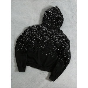 Sweat à capuche noir avec strass et motif crâne pour homme, en mélange coton et polyester, imprimé flamme gothique, fermeture éclair intégrale, style punk streetwear - Product Image 3