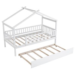 Letto a casetta in legno per bambini, misura singola, con letto estraibile bianco per bambini - Product Image 5