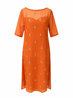 Robe midi orange douce à imprimé numérique tissé naturel pour femme, manches mi-longues, décontractée, été, service OEM