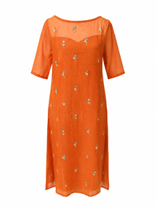 Vestido Midi Naranja Dulce con Estampado Digital Tejido Natural para Mujer, Manga Media, Verano, Casual, Servicio OEM - Product Image 4