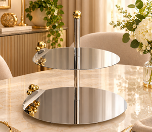 Support à gâteau en métal à 2 niveaux, plateau de présentation de desserts miroir avec détails en perles dorées pour mariage, fête, hôtel, boulangerie, décoration de table - Product Image 4
