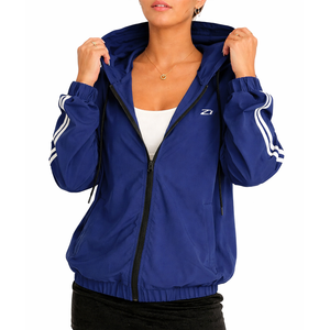 เสื้อแจ็คเก็ตกันลมสีน้ำเงินกรมท่าคุณภาพพรีเมียมสำหรับผู้หญิง น้ำหนักเบา มีฮู้ด ซิปแบบรูดขึ้นลง เสื้อคลุมกีฬา สกรีนโลโก้ได้ตามสั่ง ขายส่งเสื้อแจ็คเก็ตสำหรับผู้ชาย - Product Image 6