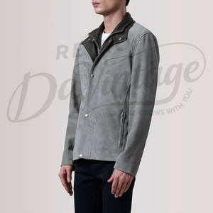 Veste en daim gris pour homme de qualité supérieure, col en cuir marron contrastant, coupe ajustée, style urbain, veste décontractée en daim - Product Image 4