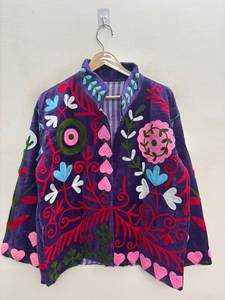 Purple Velvet Knitted Embroidered Suzani Jacket Floral Handmade Winter Autumn Boho Cotton <b>Coat</b> <b>for</b> <b>Women</b> - Product Image 1