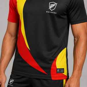 Conjunto de Uniforme de Fútbol Unisex BIN FATEH, Negro, Rojo y Amarillo, Impresión Digital, Poliéster Transpirable, Talla Adulto, Precio al por Mayor, Marca Personalizada - Product Image 6