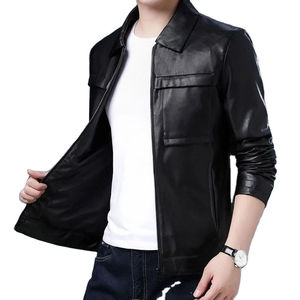 Denim Custom Black Leather Wax Waxed <b>Long</b> Casual Autumn Zipper Coat Jeans <b>Men</b> <b>Jacket</b> - Product Image 2