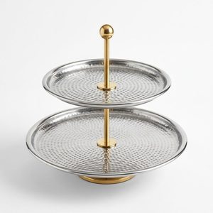 Handmade SS304 <b>Two</b>-<b>Tier</b> Hammered <b>Cake</b> <b>Stand</b> 26 cm Steel Gold Rod Home Decor for Weddings and Hotels - Product Image 1