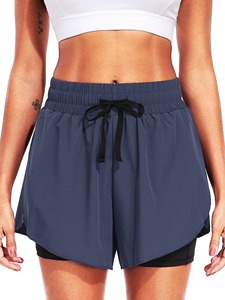 Shorts en tricot bleu marine pour femmes, taille haute, cordon élastique, sportif, séchage rapide, coupe régulière, couleur unie - Product Image 1