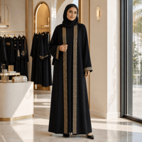 Abaya noire tricotée sur mesure pour femmes, broderie dorée, devant ouvert, manches longues, tenue modeste musulmane du Moyen-Orient, OEM