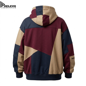OEM <b>Men</b> Oversized <b>Burgundy</b> Maroon & Navy Tactical Full-Zip Heavyweight <b>Hoodie</b>, Geometric Colorblock Techwear <b>Hoodie</b> - Product Image 2