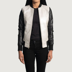 Women White and Black Genuine Leather <b>Bomber</b> <b>Jacket</b> Slim Fit Two Tone Premium Sheepskin Casual Winter Outerwear Fashion Coat - Product Image 1