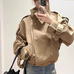 Abrigo Corto de Invierno Estilo Británico, Cuello Alto, Mangas Raglán, Cierre Cruzado Vintage, Reversible, Ecológico, Holgado - Product Image 5