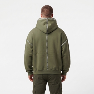 Sudadera con Capucha Verde Oliva para Hombre, Adornada con Pedrería, Corte Holgado, Hombros Caídos, Informal, de Algodón y Felpa, para Invierno - Product Image 2