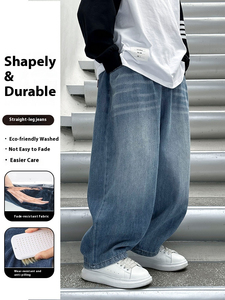Pantalones Harem Holgados para Hombre, Cintura Media, Denim Lavado a la Piedra, Estilo Casual Otoñal, Tela de Algodón Azul, Pantalones Tejidos - Product Image 3