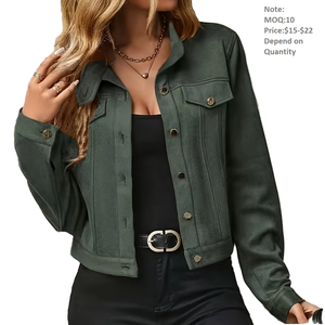 แจ็คเก็ตมอเตอร์ไซค์สไตล์วินเทจสำหรับผู้หญิง ผ้าเดนิมลายสก็อต แขนยาว คอตั้ง ติดกระดุมด้านหน้า เนื้อผ้านุ่มแบบกำมะหยี่ลายกวาง - Product Image 1