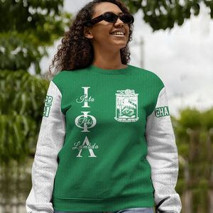 Veste universitaire personnalisée Iota Phi Lambda en vert émeraude, pull tricoté de la sororité Iota Phi Lambda - Product Image 2