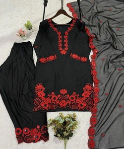 Conjunto de Top y Patiyala de Crepé de Seda con Bordado de Lentejuelas, Estilo Elegante, con Dupatta, Ropa Casual, Precio al por Mayor, Prenda Étnica, Rojo - Product Image 3