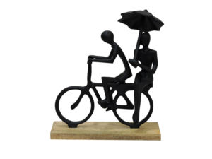 Statue de couple romantique sur vélo en aluminium noir faite à la main avec parapluie, figurine abstraite sur base en bois, décoration moderne pour la maison, 12 pouces - Product Image 2