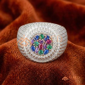Iced Out Rainbow <b>Crystal</b> Dome <b>Ring</b> Silver Plated Multi-Color Round Pear Cut Stone Colorful Sapphire Simulation Hip Hop <b>Ring</b> - Product Image 1