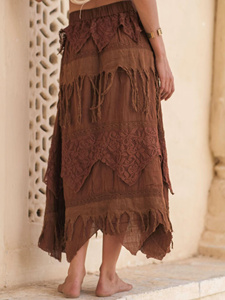 Falda Maxi Asimétrica Estilo Bohemio para Mujer, con Volantes, Bordado Geométrico, Cintura Elástica, Algodón y Fibra de Bambú, Estilo Veraniego - Product Image 1
