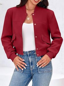 Chaqueta Bomber Roja para Mujer, Color Sólido, Manga Larga, Cierre de Botones, Cuello Alto, Ropa Exterior Informal, Largo Corto, Bolsillos con Parches - Product Image 2